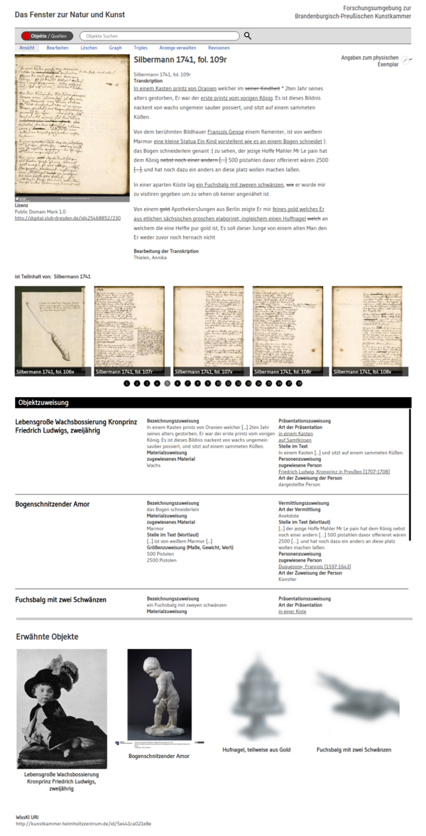 Ansicht einer Quellenseite mit Digitalisat, Transkription und den erwähnten Objekten.