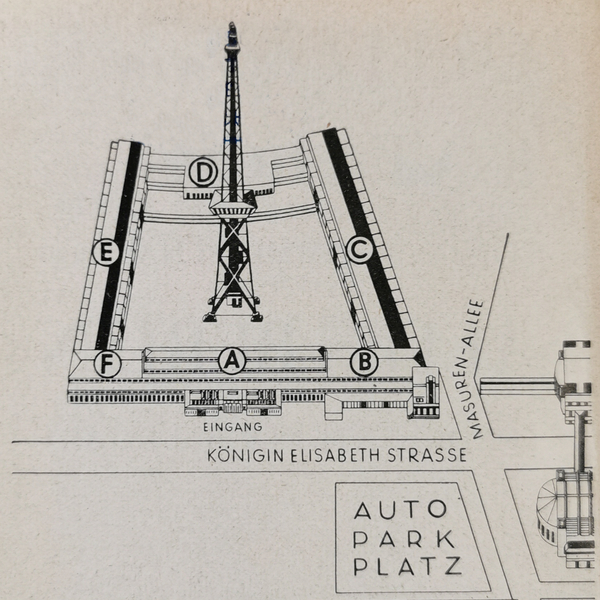 Funkturmhallen mit Lageplan der Ausstellung Altes Berlin von 1930, Illustration aus: Altes Berlin – Fundamente der Weltstadt, 1930.